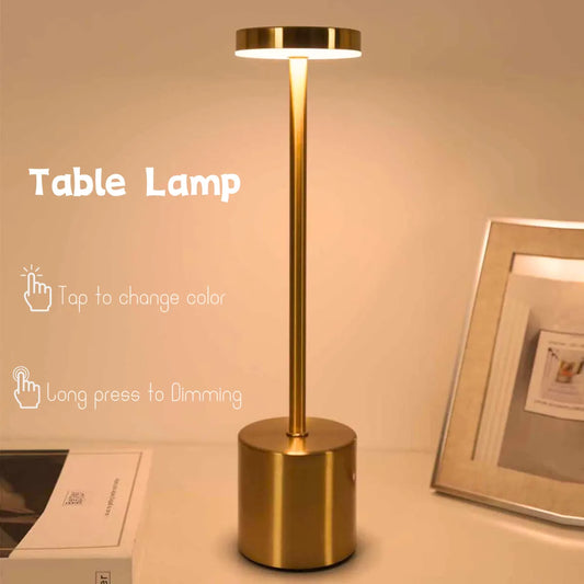 Rechargeable LED Touch Table Lamp - 3-Color Metal Ambient Light for Bedside & Outdoor Deco